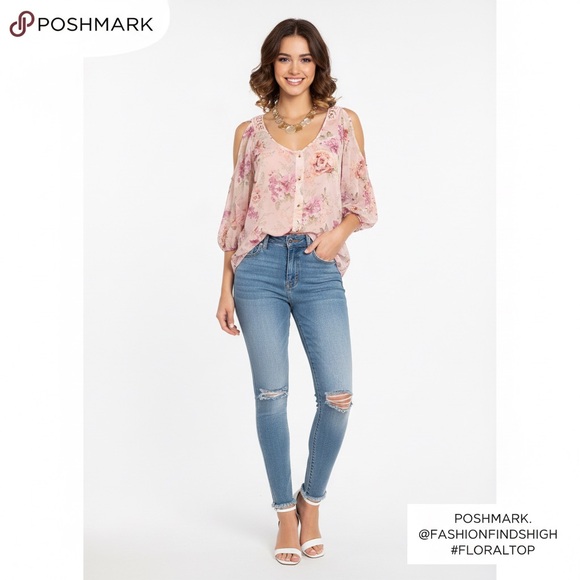 No Boundaries Tops - Pink Floral Cold Shoulder Top Crochet Back- M